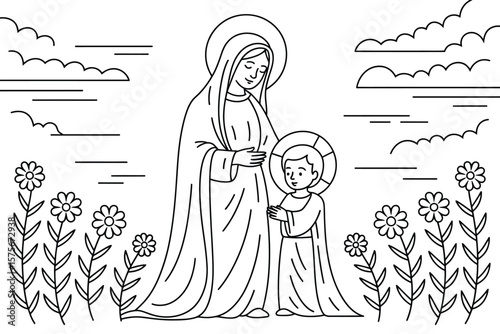 Stylized outline of virgin mary and baby jesus with flowers and clouds