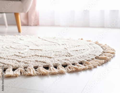 Round woven area rug with tassels on a light wooden floor, creating a cozy atmosphere in a bright room with natural light and soft textures enhancing interior design