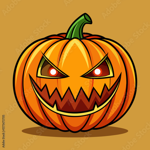 Fearsome halloween jack o lantern with glowing red eyes and sharp teeth