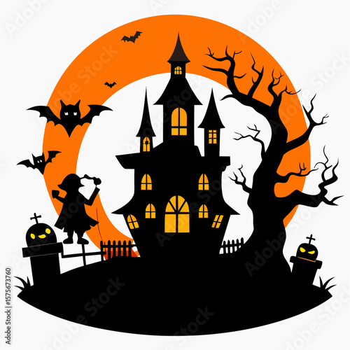 Spooky halloween haunted house with bats and a girl trick or treating