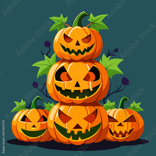 Spooky halloween jack o lantern tower with green leaves and dark berries