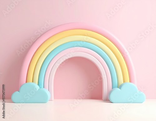 Colorful rainbow arch with pastel hues and fluffy cloud accents, set against a soft pink background, creating a whimsical and cheerful atmosphere for children's decor