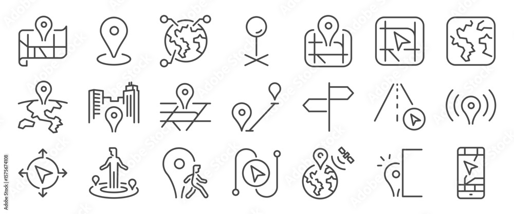 Fototapeta premium Location icon set. It included map, map pin, gps, destination, hidden place, distance, address and more icons. Editable Vector Stroke.