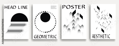 Modern posters . Vector design composition with various geometric shapes . Abstract contemporary art . Vector art ideal for media, ads, covers, brochures, banners. Black and white.