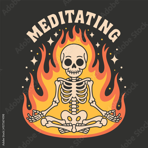 A skeleton in a meditative pose surrounded by flames symbolizing inner peace. Vector illustration design