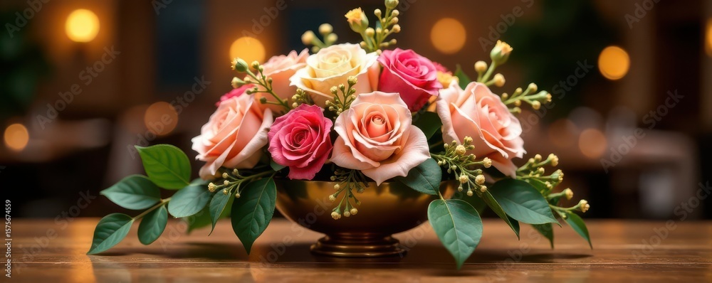 Fototapeta premium Elegant gold centerpiece, cascading floral arrangement, luxury wedding, romantic, wedding reception