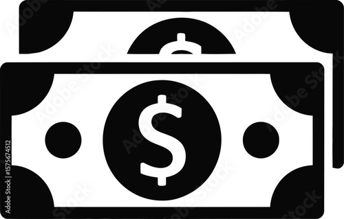 A simple, black and white icon depicting a stack of two US dollar bills.