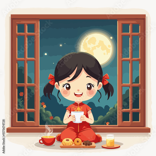 Mid-autumn festival illustration with girl enjoying mooncakes and tea by window under full moon. Mid-autumn festival celebration showcases traditional sweets, lanterns, and family reunion.