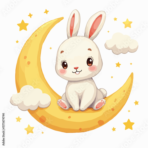 Mid-autumn festival celebration depicted with white rabbit sitting on moon, surrounded by stylized clouds and stars. Lanterns and mooncakes are traditional sweets for mid-autumn festival,