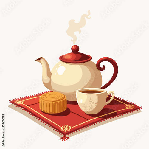 Mid-autumn festival illustration showing teapot and mooncake treats on red silk fabric.