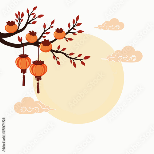 Stylized branch with hanging lanterns against backdrop of full moon celebrate Mid-Autumn Festival. Mooncakes and harvest symbols on branch with lanterns create celebratory scene.
