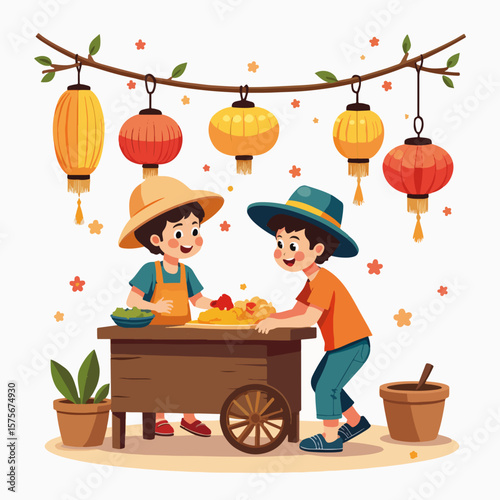 Children celebrate Mid-Autumn Festival with mooncakes and colorful festival lights, enjoying night celebration. Mid-Autumn Festival market features mooncakes and traditional sweets,
