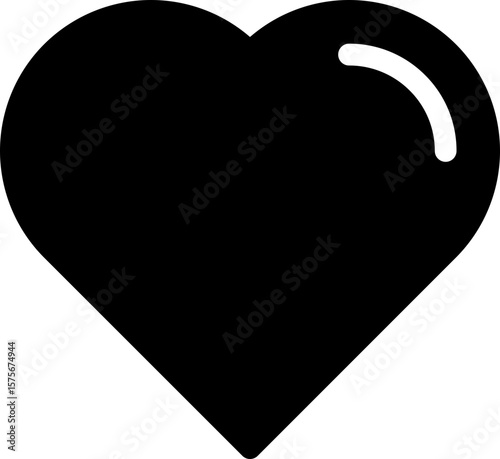 Vector illustration of a bold black heart with a subtle light reflection, representing love, like, or favorite for digital interfaces and online communication