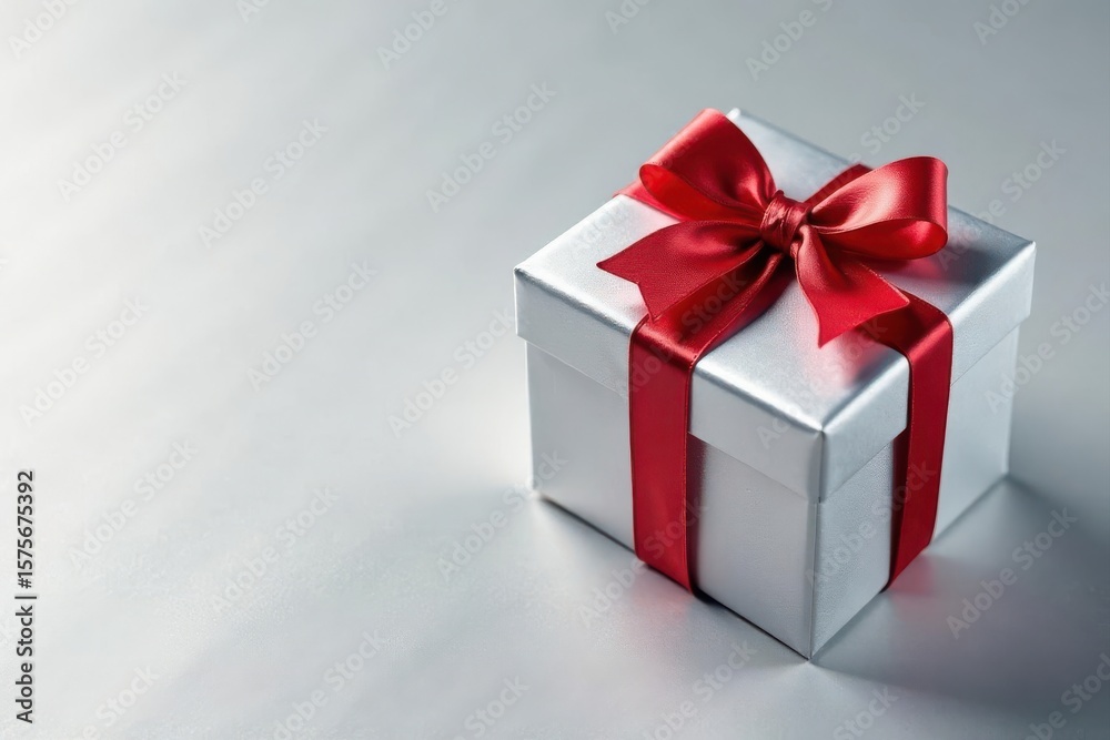 Fototapeta premium Silver gift box with ribbon and bow on silver background , silver bow, holiday gift, packaging