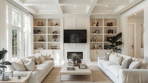 Minimalist transitional living room with built-in bookshelves, clean lines, soft cream tones, and brass accents.