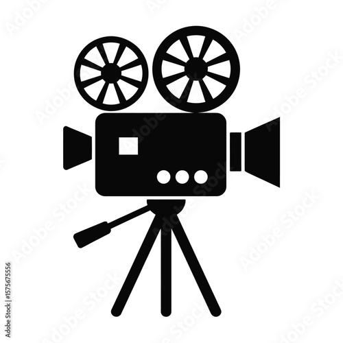 Retro film camera icon with reels and tripod on white background