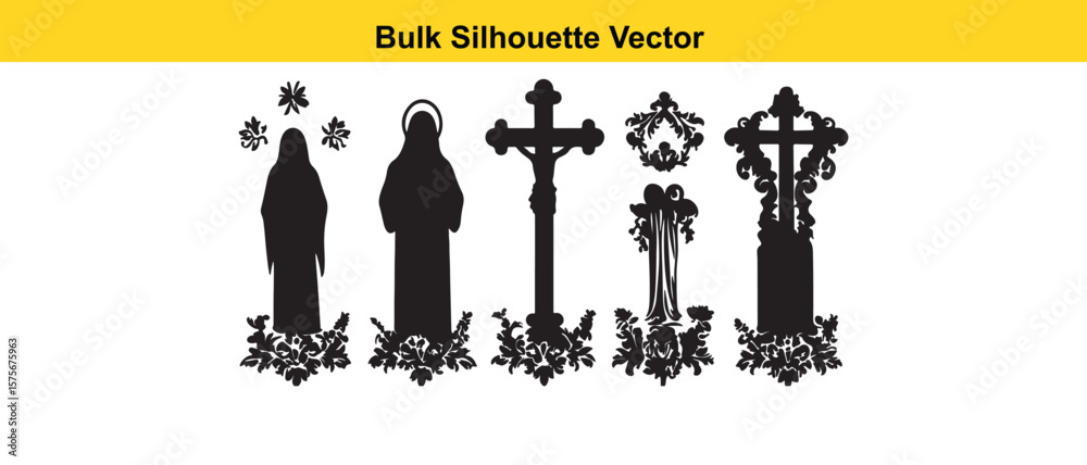 Obraz premium Bulk Silhouette Vector: Religious Icons, Crosses, and Saints Silhouettes