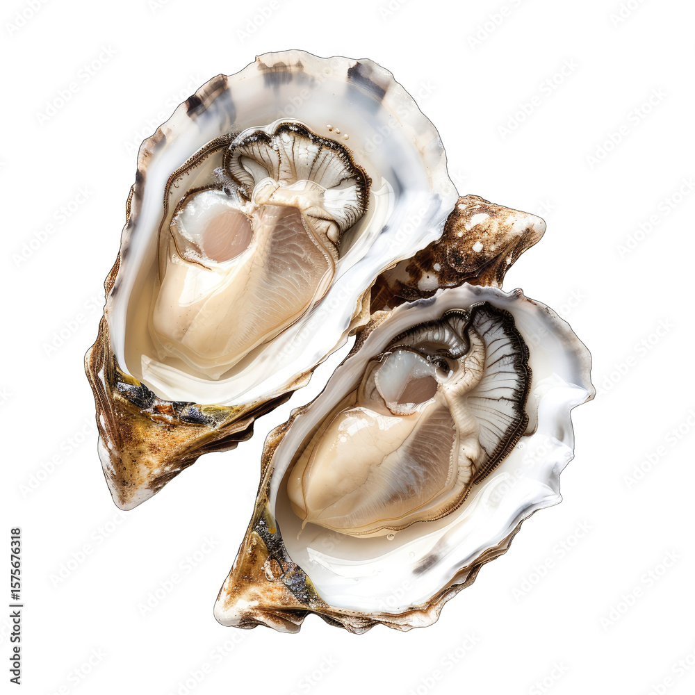 Naklejka premium Two open oysters, showing the interior