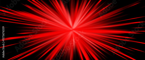 Explosive red light rays, radiate lines burst effect. Sunburst beams, dynamic red streaks background for speed power sport, heat weather, sci-fi and technology, comic manga art. Vector illustration