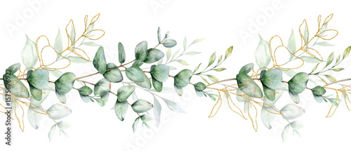 Seamless Eucalyptus Garland with Greenery. Botanical Seamless Horizontal Background. Eucalyptus Watercolor Illustration. Eucalyptus Branches Design. Greenery garland seamless. Eucalyptus Border Frame