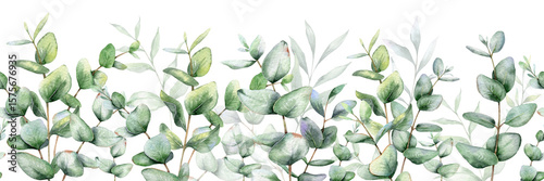 Seamless Eucalyptus Garland with Greenery. Botanical Seamless Horizontal Background. Eucalyptus Watercolor Illustration. Eucalyptus Branches Design. Greenery garland seamless. Eucalyptus Border Frame