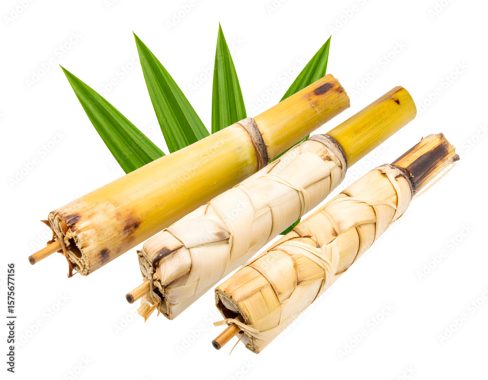 Fototapeta premium Sugarcane sticks with palm leaf decoration