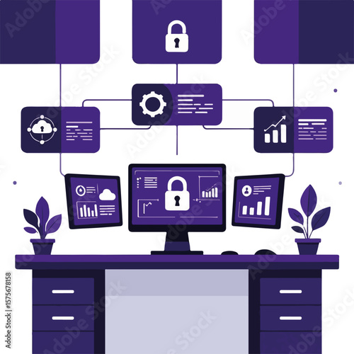 Cybersecurity monitoring center with data analysis on computer screens, secure connection with lock icon.