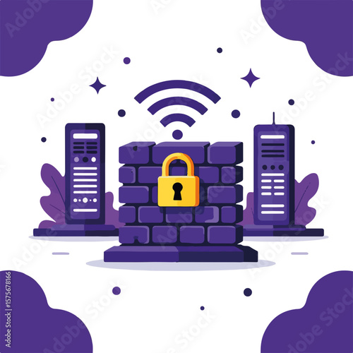 Firewall barrier between devices and internet showing digital network protection with brick wall and padlock. Firewall barrier between devices and internet represents strong security, server