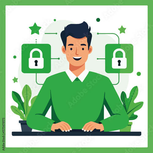 Employee attending cybersecurity training with confident employee in front of two lockers. Cybersecurity training includes instruction on safety protocols and threat prevention,