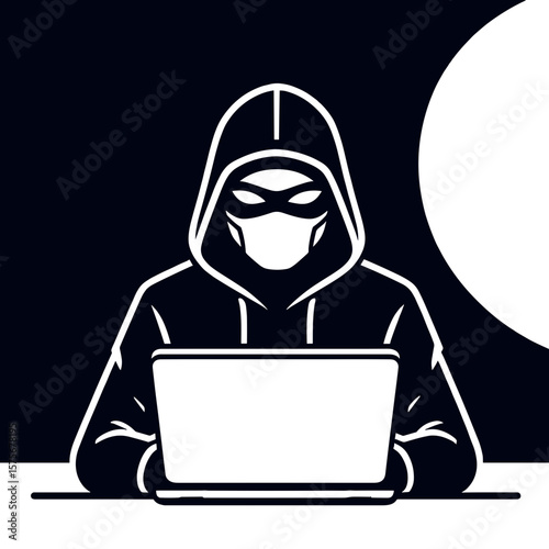 Masked hacker using computer keyboard for cybersecurity. Hacker dressed in black hoody with cyber attack actions, working on laptop in the dark.