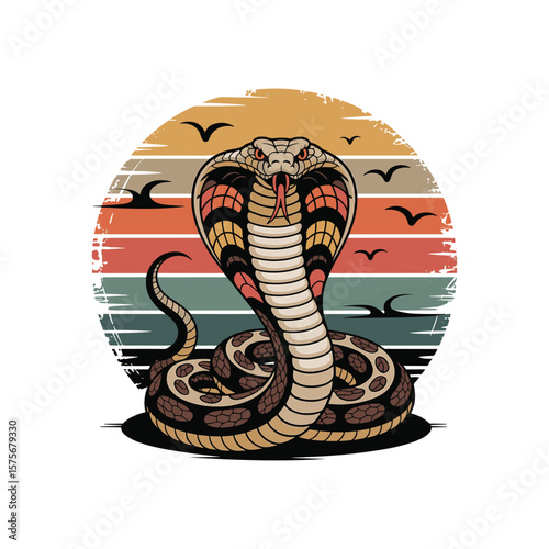 Ferocious cobra with retro sunset backdrop and bold text: Serpent’s Grace. Vector illustration design.