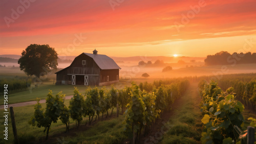 a charming rural scene at sunrise or sunset, with the main focus on a barn and vineyard.