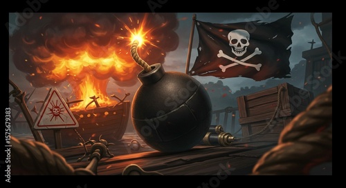 bomb, explosive, pirate flag, danger, warning sign, illustration, digital art