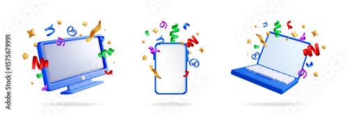 3d illustration of a computer monitor, smartphone, and laptop celebrating with confetti. Festive technology for online sales and winner concept.
