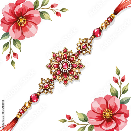 Rakhi, an elaborate wristband with floral elements, perfect for Raksha Bandhan, traditional indian festival. Rakhi tying ceremony is a festive bond moment between brother and sister with ethnic wear