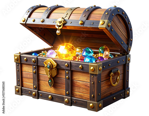  3D Render of Open Treasure Chest with Glowing Magical Light and Hidden Treasures, isolated on transparent background PNG