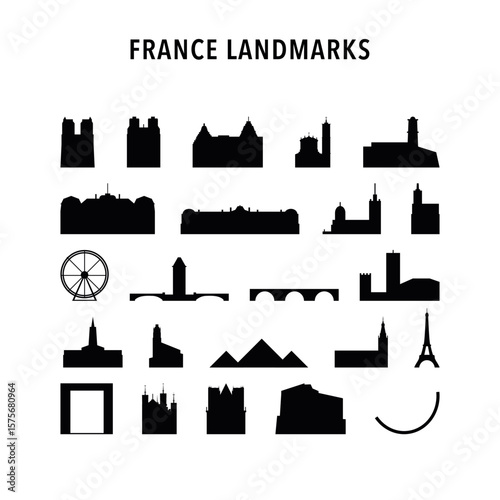 France landmarks, famous buildings vector icon collection. Isolated black and white clip art, badge of tower, cathedral, bridge contours. Pack for web design, infographics