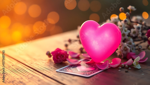 Glowing Pink Heart with Love Tarot Cards on Wooden Table at Sunset – Romantic Floral Scene with Warm Light and Magical Atmosphere