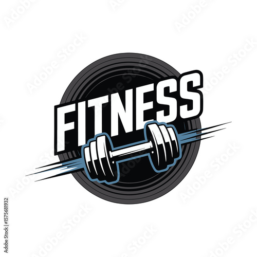 Black and white fitness logo with barbell and speed lines behind the word. Vector illustration design.