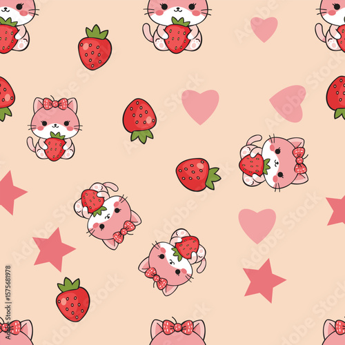 A charming pattern featuring adorable cats holding strawberries, alongside hearts and stars, set against a soft peach background. This playful design is perfect for children's products, fabric prints.