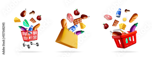 Set of 3d vector illustrations with supermarket shopping cart, paper bag and plastic basket dropping with groceries. Online grocery store concept.