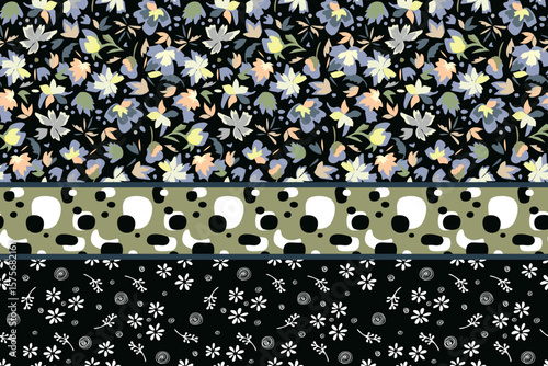 Seamless botanical pattern. Stripes of paper cutouts of plants and herbs background. Drawing flowers, dots, twigs. Vector illustration on dark blue background. Print on bed linen, clothes, fabric