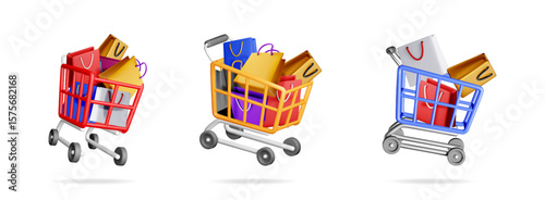Three colorful shopping carts full of paper bags represent online commerce and retail sales. 3d realistic design for e-commerce or discount ad.