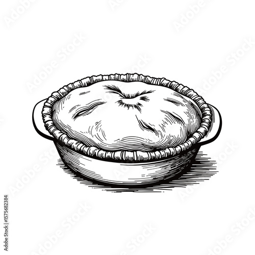 Delicious apple pie illustration, hand drawn and ready to serve on a plate. Apple pie drawing showcases tasty details: crust and filling.