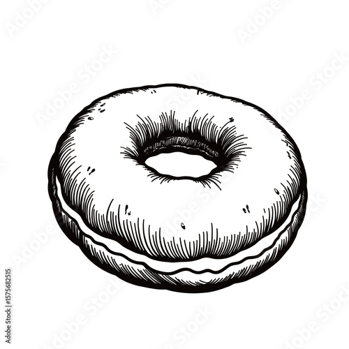 Doughnut illustration with delicate line work in black and white, sweet pastry offers tempting sketch of classic treat. Hand drawn doughnut image details airy texture, perfect for sweet cravings.