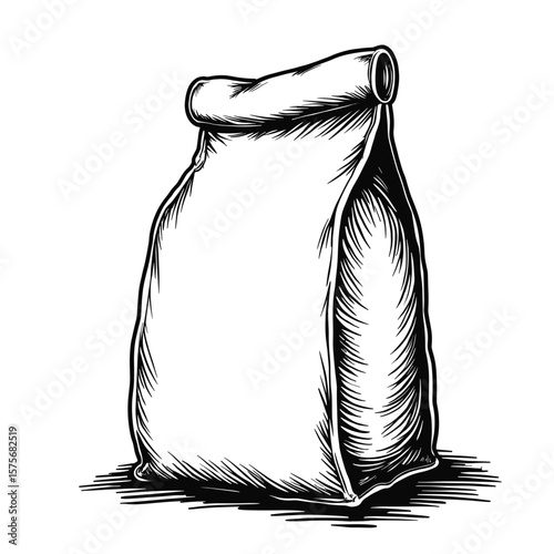 Flour bag illustration with traditional paper sack on transparent background. Flour bag drawing includes detailed textures, shading, and vintage styling, evocative of artisanal baking.