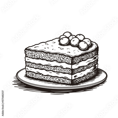 Layer cake illustration showing cake slice on plate, cake with several layers, detailed toppings. Layer cake illustration showcases dessert delicacy for food blogs and bakery ads,