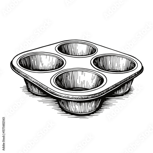 Muffin tin depicted in monochrome sketch against transparent backdrop, revealing its form. This muffin tin, suitable for baking multiple muffins, offers a detailed view.