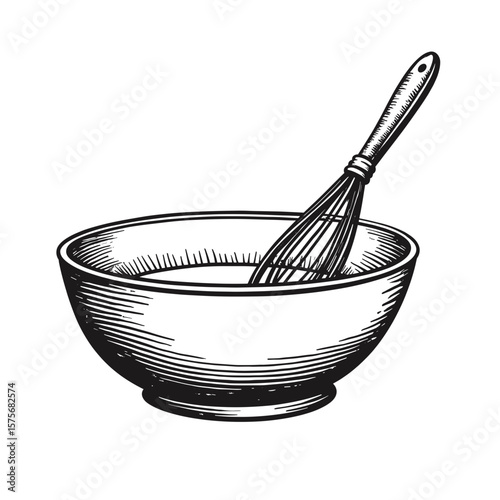 Mixing bowl illustration with whisk inside, crafted in vintage style on transparent backdrop. Mixing bowl shows cooking preparation, kitchenware attributes, and essential elements.