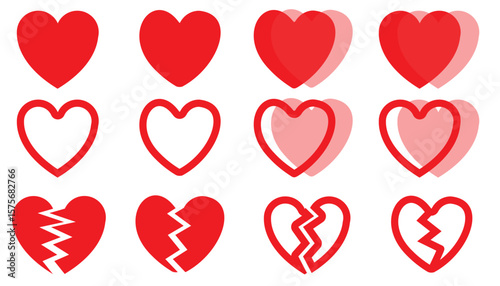 Heart Icons Collection – Solid, Outline, Overlap, and Broken Heart Styles